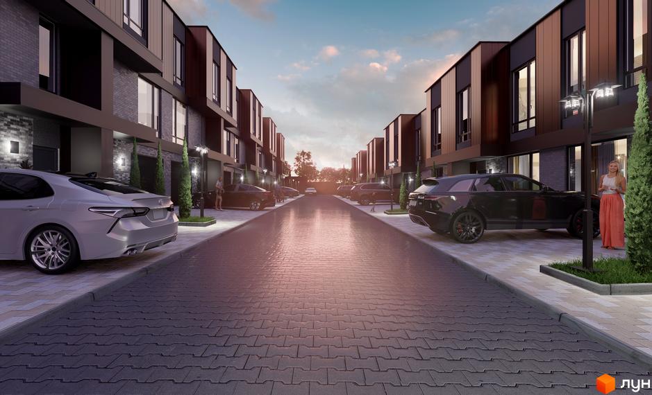 Aura Smart таунхауси з сучасним фасадом та паркуванням біля будинків. Зовнішній вигляд новобудови та прибудинкової території.