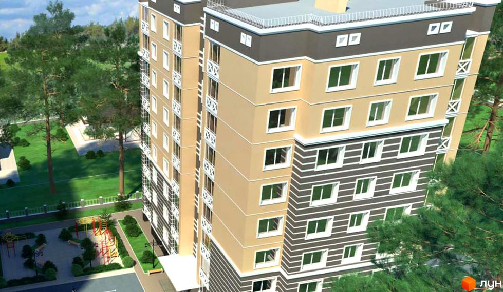 Зовнішній вигляд багатоповерхового будинку ЖК Прованс з вікнами та балконами. Поруч дитячий майданчик та зелена зона.