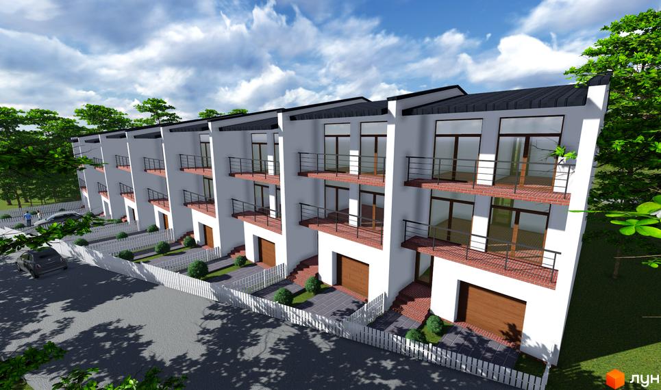 Котеджне містечко КМ Поршна-Наварія: сучасні триповерхові будинки з гаражами та балконами. Охайний двір з парканом та зеленими насадженнями.