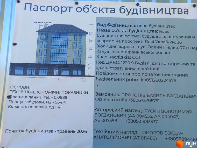 Паспорт об'єкта будівництва: новобудова на просп. Лесі Українки, 26, Івано-Франківська область. Зовнішній вигляд будинку з фасадом 8-1 М 1:100 та прибудинковою територією.