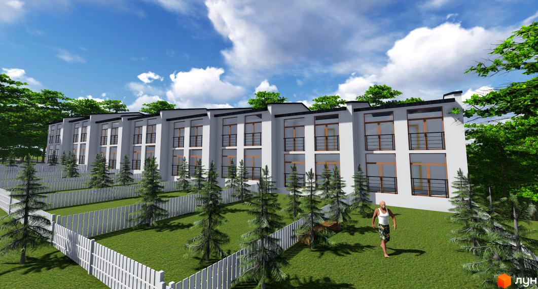 Котеджне містечко КМ Поршна-Наварія: сучасні двоповерхові будинки з балконами та великими вікнами. Прибудинкова територія з газоном, деревами та парканом.