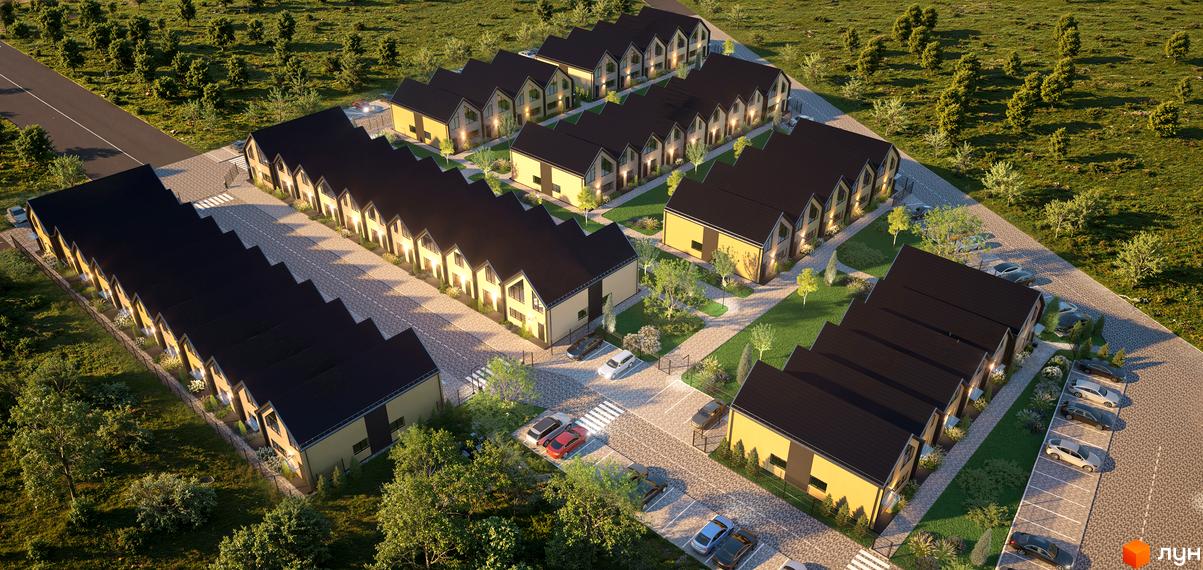 Зовнішній вигляд будинків житлового комплексу Сітіхауси PROMisto 2 з індивідуальними ділянками та парковкою. Оточений зеленню та деревами.