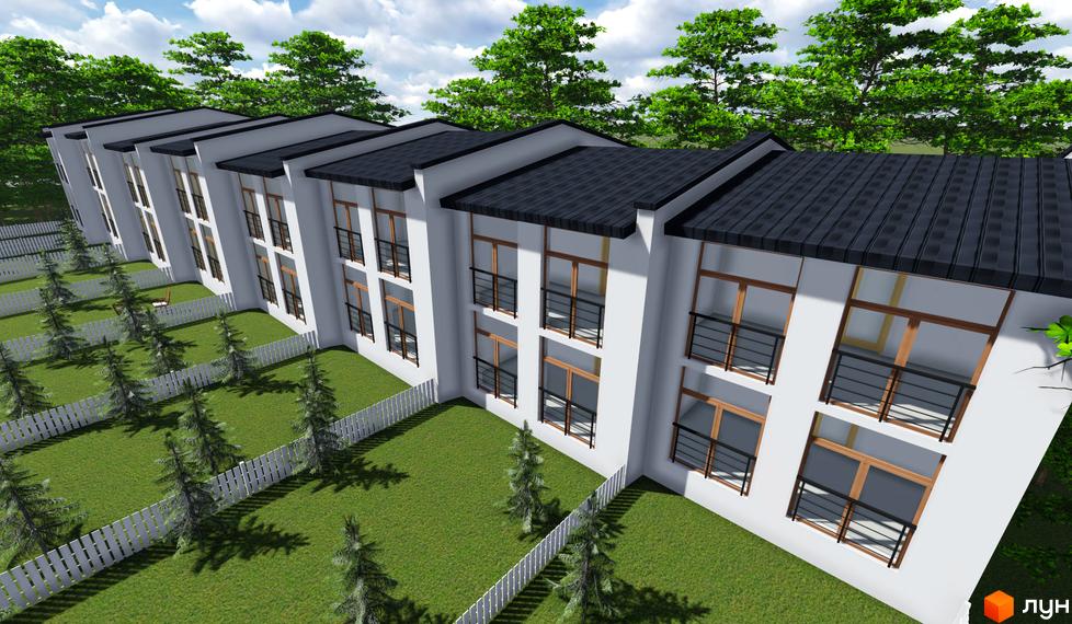 Котеджне містечко КМ Поршна-Наварія. Зовнішній вигляд будинків з білими стінами, темними дахами та балконами. Прибудинкова територія з зеленим газоном, деревами та білим парканом.