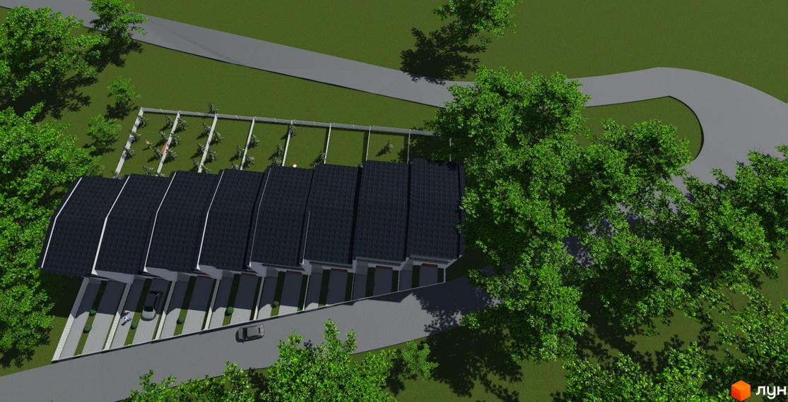 Котеджне містечко КМ Поршна-Наварія: ряд сучасних будинків з темними дахами та індивідуальними парковками. Прибудинкова територія з зеленими насадженнями та доріжками.