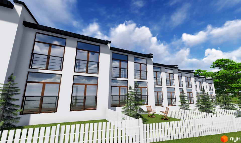 Котеджне містечко Поршна-Наварія. Фасад білої новобудови з великими вікнами та балконами. Прибудинкова територія з парканом, деревами та місцями для відпочинку.