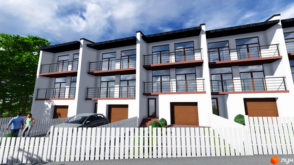 Котеджне містечко Поршна-Наварія: триповерхові будинки з балконами та гаражами, огороджена територія з парканом та деревами.