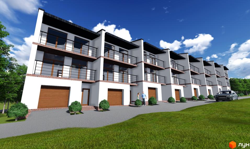 Котеджне містечко КМ Поршна-Наварія: триповерхові будинки з гаражами та балконами на тлі зеленої території та блакитного неба. Навколо комплексу доглянутий ландшафт з газонами та деревами.