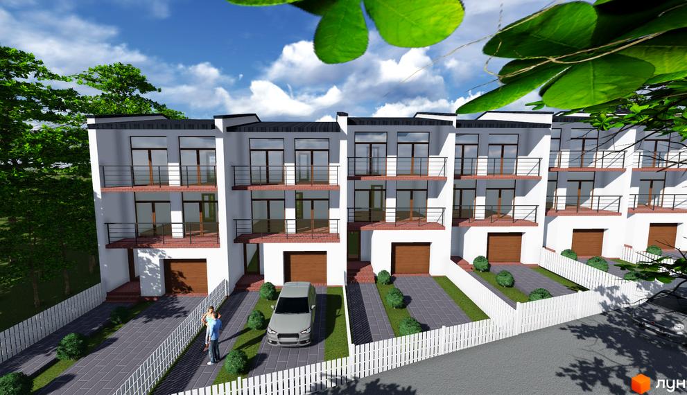 Котеджне містечко Поршна-Наварія: фасади білих триповерхових будинків з балконами та гаражами. Прибудинкова територія з парканом, доріжками та зеленими насадженнями.