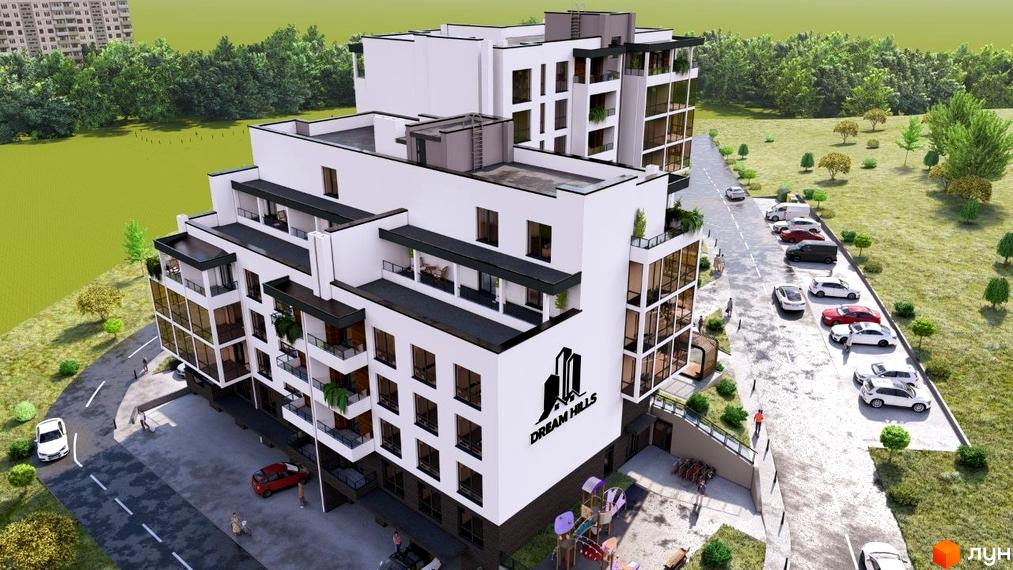 Новобудова DREAM HILLS з панорамними вікнами та балконами, поруч розташована парковка та дитячий майданчик.