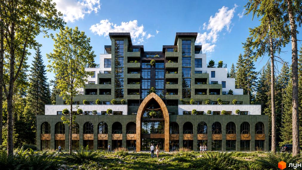 HEDERA Resort - новобудова з зеленою фасадною плиткою та арковими вікнами, оточена лісом та зеленню.
