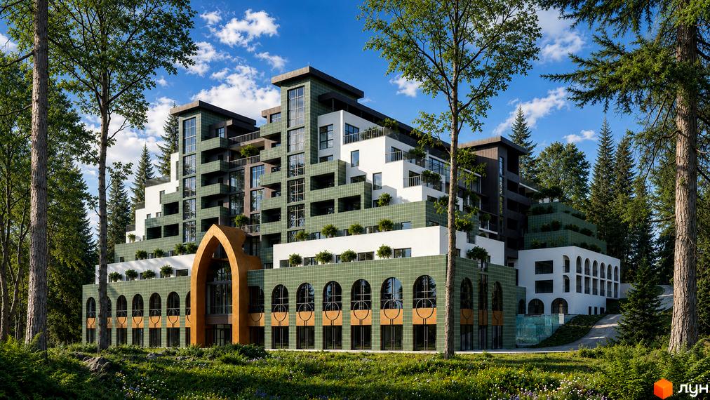 HEDERA Resort - новобудова з терасами та зеленою плиткою, оточена деревами та травою. Архітектура комплексу має арочні елементи та багаторівневу структуру.