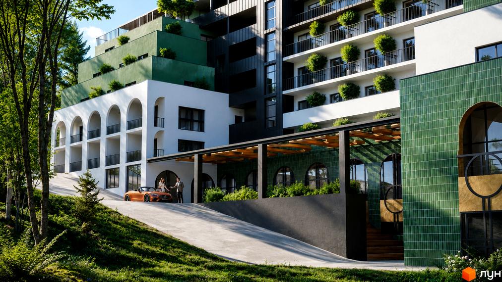 HEDERA Resort - це житловий комплекс з терасами, що каскадом спускаються донизу, та білою фасадною частиною з арками. Прибудинкова територія озеленена та має під'їзд до будинку.