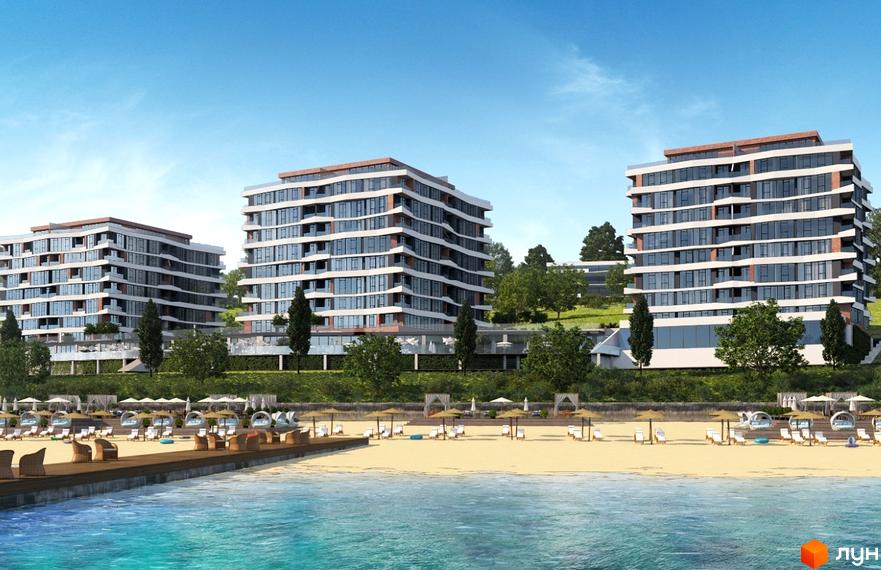 Житловий комплекс Costa Fontana: три багатоповерхові будинки з панорамними вікнами на березі моря. На пляжі розташовані шезлонги, парасольки та зони відпочинку.