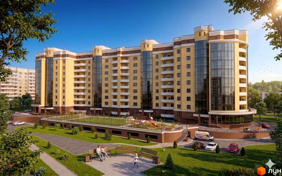 ЖК Europa Haus: багатоповерховий будинок жовтого кольору з великими вікнами та балконами. Прибудинкова територія з дитячим майданчиком.