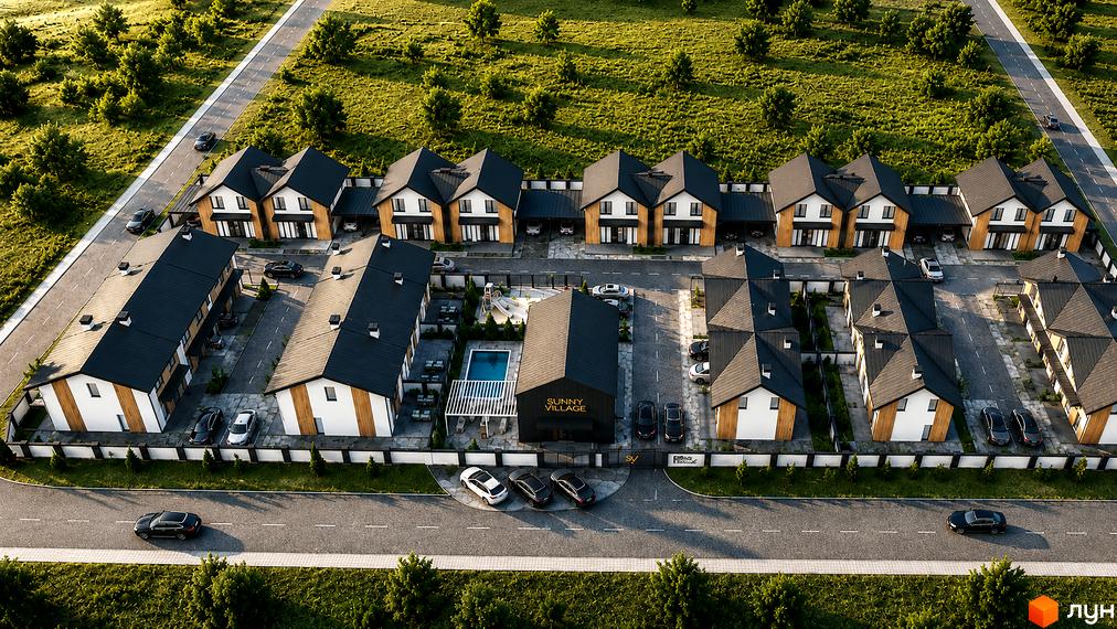 Котеджне містечко Sunny Village: сучасні будинки з чорними дахами та дерев'яними елементами, територія з басейном та дитячим майданчиком.