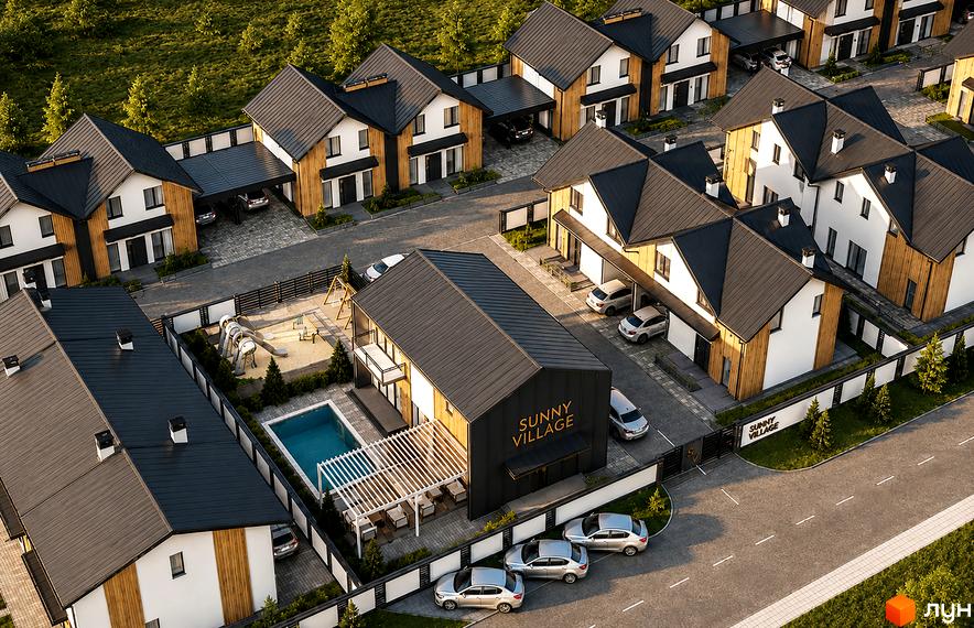 Котеджне містечко Sunny Village: сучасні двоповерхові будинки з чорними дахами та дерев'яними елементами фасаду, приватними басейнами та дитячими майданчиками.