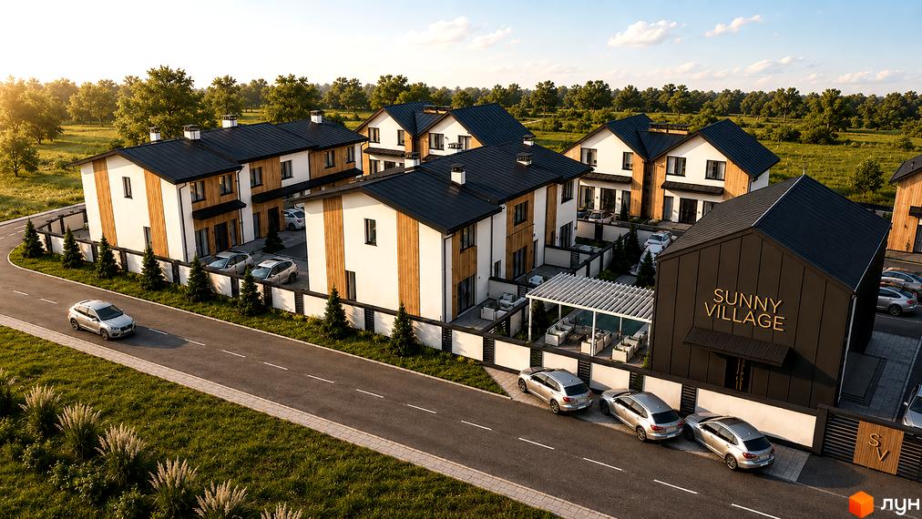 Котеджне містечко Sunny Village: двоповерхові будинки з білими фасадами та дерев'яними вставками, темними дахами. На території доглянуті газони, дороги та парковки.