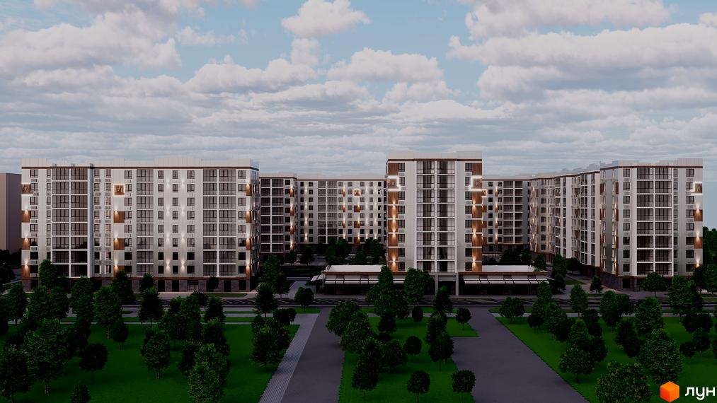 Зовнішній вигляд новобудови ЖК Вавілон з багатоповерховими будинками та доглянутою прибудинковою територією з деревами та газонами.