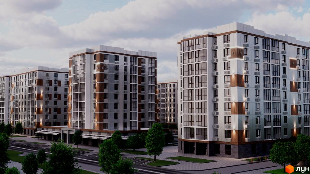 Житловий комплекс Вавілон з кількома багатоповерховими будинками зі світлим фасадом та дерев'яними вставками. Навколо будинків зелені насадження та вимощені доріжки.