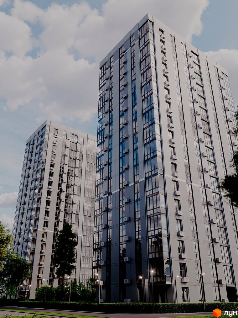 Житловий комплекс Olimp Tower: високі будинки зі скляними фасадами та кондиціонерами. Прибудинкова територія озеленена деревами та кущами.