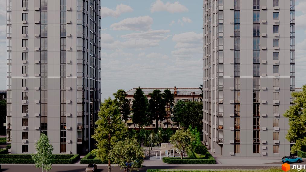 Житловий комплекс Olimp Tower: високі світло-сірі будинки з багатьма вікнами та облаштована прибудинкова територія з дитячим майданчиком та зеленню.