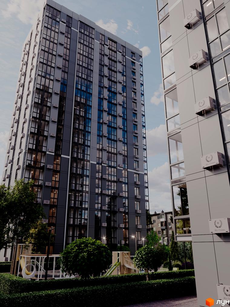 Житловий комплекс Olimp Tower з фасадами сірого кольору та великою кількістю вікон, поруч дитячий майданчик та зелені насадження.