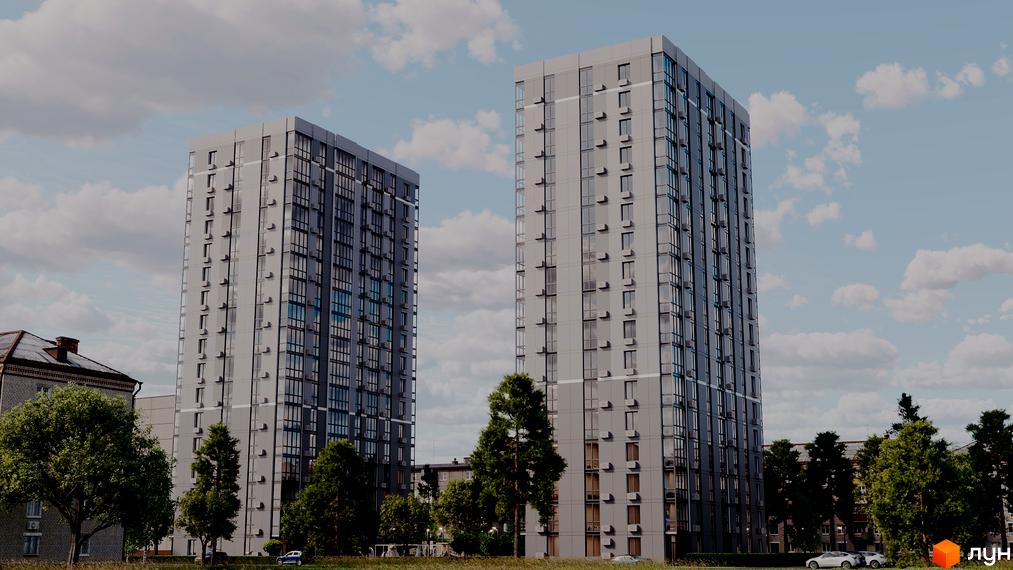 Житловий комплекс Olimp Tower: два високі сірі будинки з численними вікнами та балконами, оточені зеленою територією.