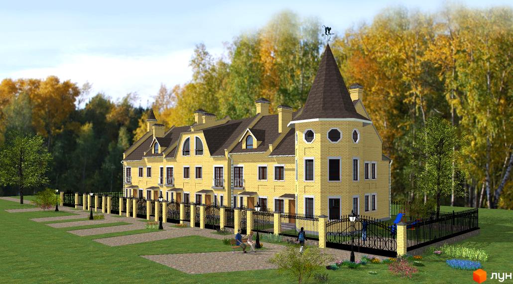 Житловий комплекс Соборна Фортеця – жовті цегляні будинки з коричневими дахами та вежею. Огороджена територія з парканом, доріжками та зеленим газоном.