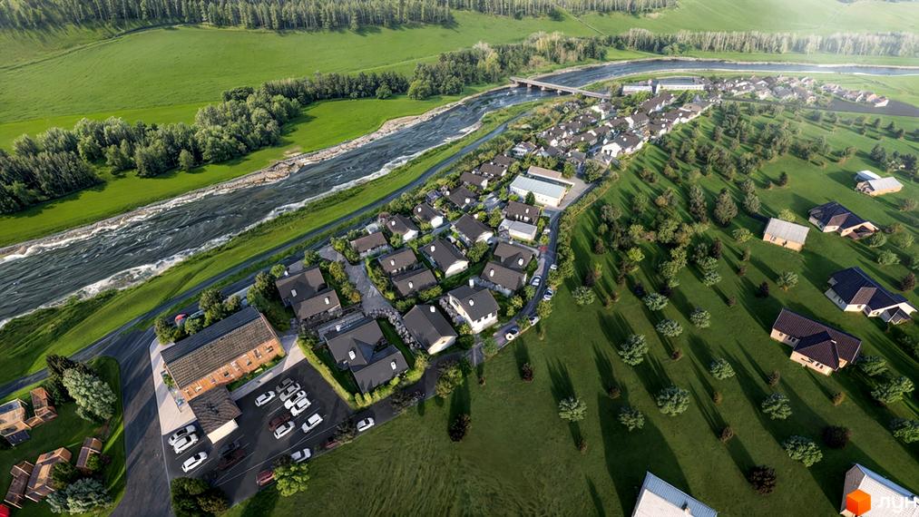 Аерофото Котеджне містечко ПАВЗА Village and Spa з будинками з темними дахами та світлими фасадами, розташоване вздовж річки серед зелених полів та дерев.