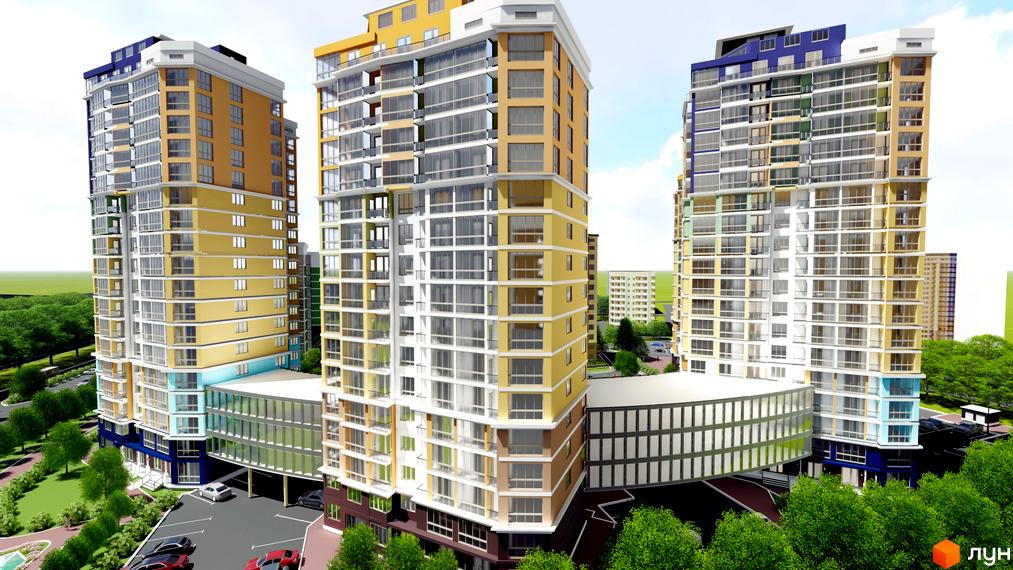 Житловий комплекс Діамант: три висотні будівлі з жовтими, білими та синіми фасадами, великими вікнами та балконами. Навколо зелена територія з деревами та автомобілями на парковці.