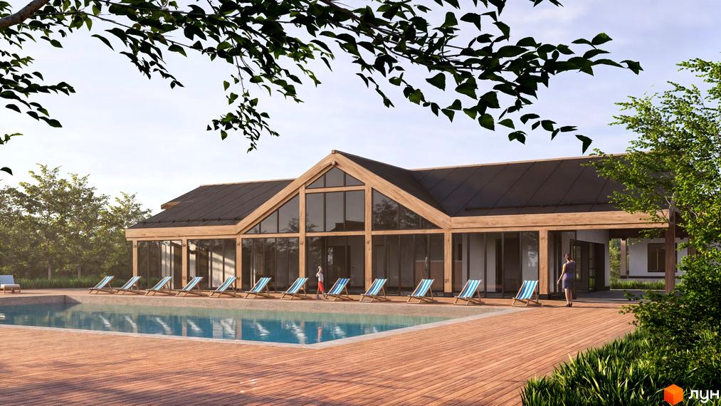 Будинок Котеджного містечка ПАВЗА Village and Spa з темним дахом та панорамними вікнами. Перед ним басейн, дерев'яний настил та шезлонги.