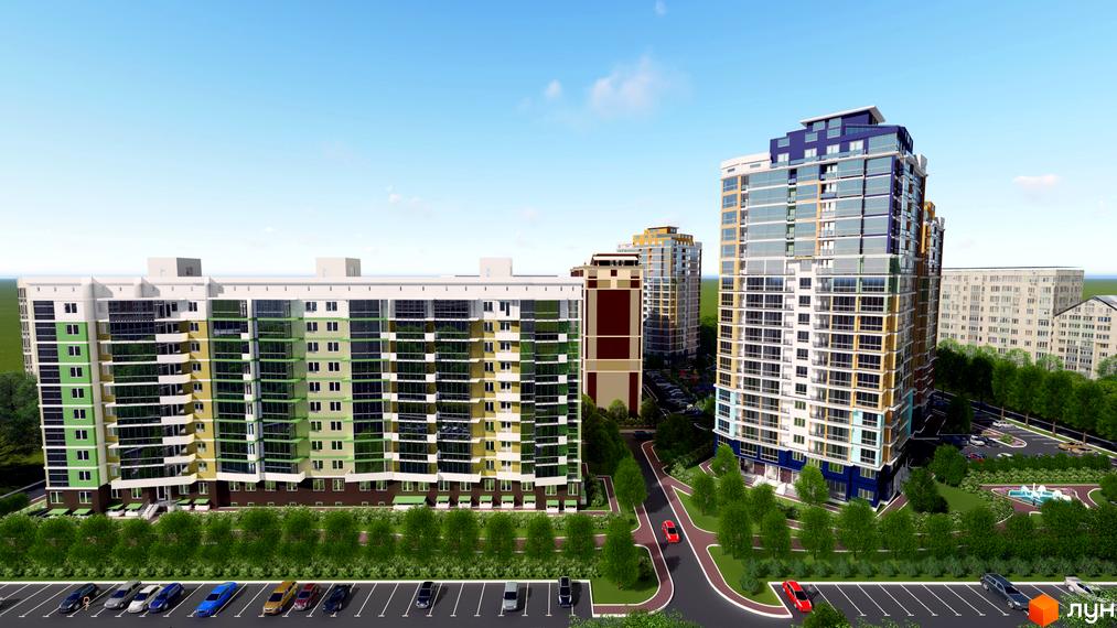 Житловий комплекс Діамант: багатоповерхові будинки з панорамним склінням та різнокольоровими фасадами. Прибудинкова територія з деревами та парковкою.