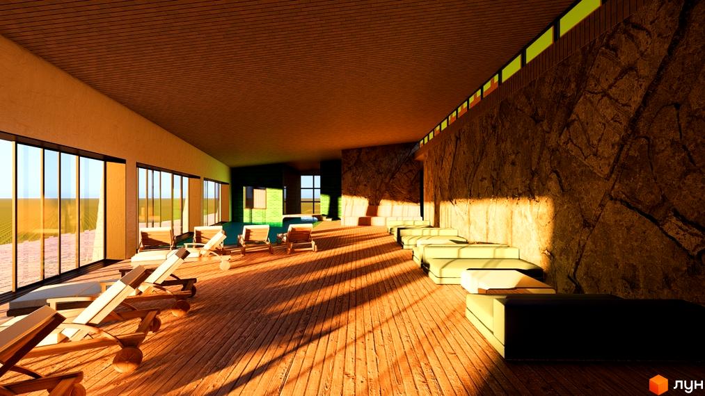 Котеджне містечко ПАВЗА Village and Spa: інтер'єр лаунж-зони з дерев'яною підлогою, панорамними вікнами та видом на відкритий ландшафт.