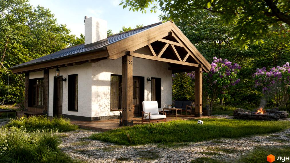 Котеджне містечко ПАВЗА Village and Spa: білий будинок з дерев'яним ганком та темним дахом. На подвір'ї зелена трава, квітучі кущі та місце для вогнища.