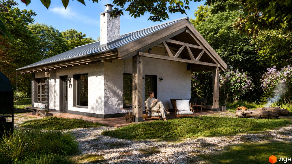 Котеджне містечко КМ ПАВЗА Village and Spa: затишна одноповерхова будівля з терасою та каміном, оточена зеленню та місцем для відпочинку.