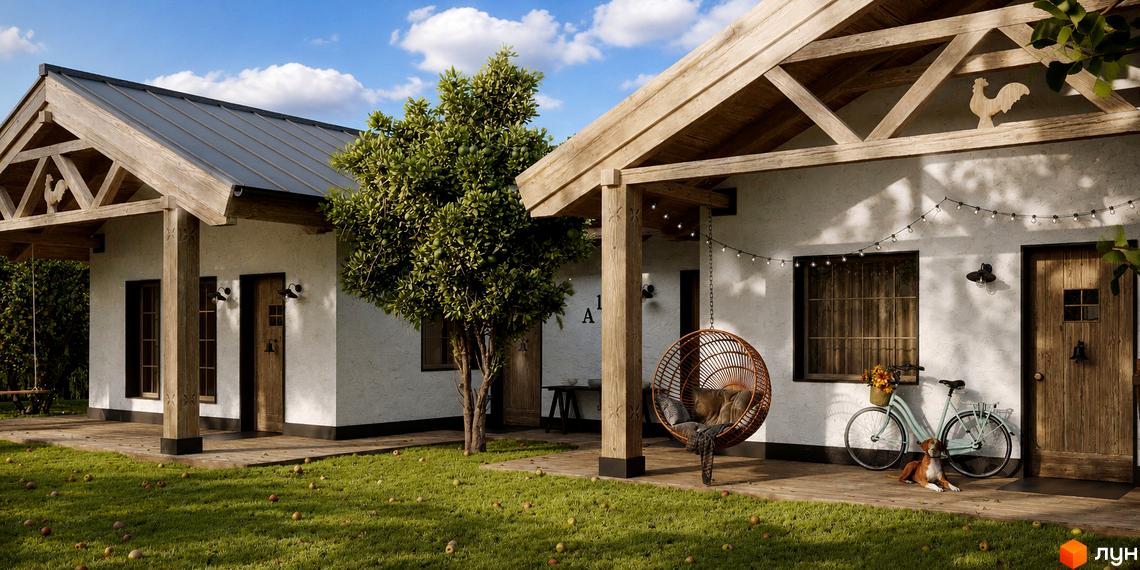 Котеджне містечко КМ PAVZA Village and Spa. Зовнішній вигляд будинків з дерев'яними елементами та прибудинкова територія з газоном та деревами.