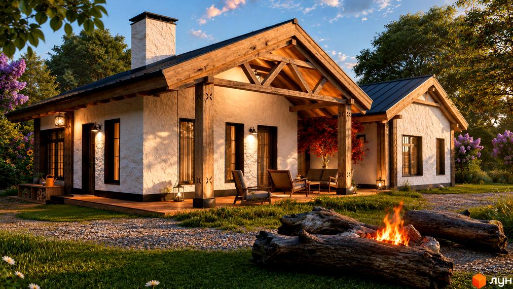 Котеджне містечко КМ ПАВЗА Village and Spa з дерев'яною верандою, каміном та оточений зеленню. Затишна атмосфера для відпочинку на природі.