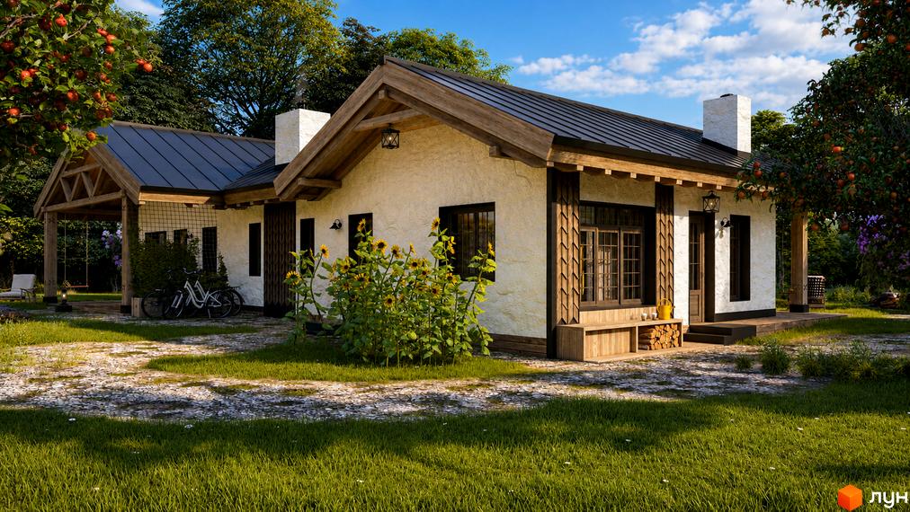 Котеджне містечко КМ ПАВЗА Village and Spa: кам'яний будинок з дерев'яними елементами та чорним дахом, оточений зеленню та квітами.