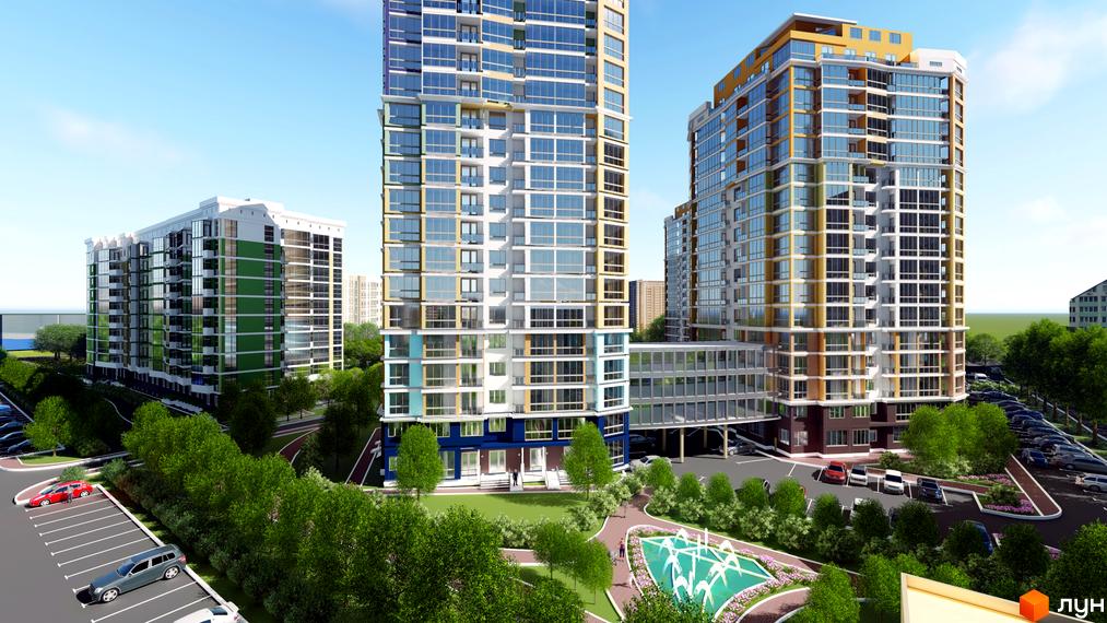 Житловий комплекс Діамант: високі будинки з панорамними вікнами та зелена прибудинкова територія з фонтаном та парковкою.