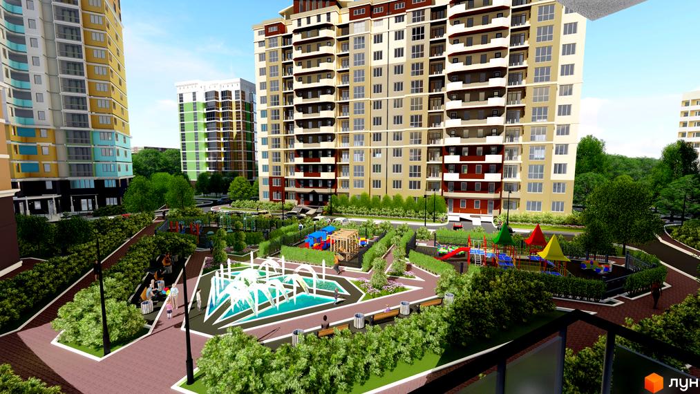 Житловий комплекс Діамант: багатоповерхові будинки з різнокольоровими фасадами та дитячі майданчики з водними атракціонами на доглянутій прибудинковій території.