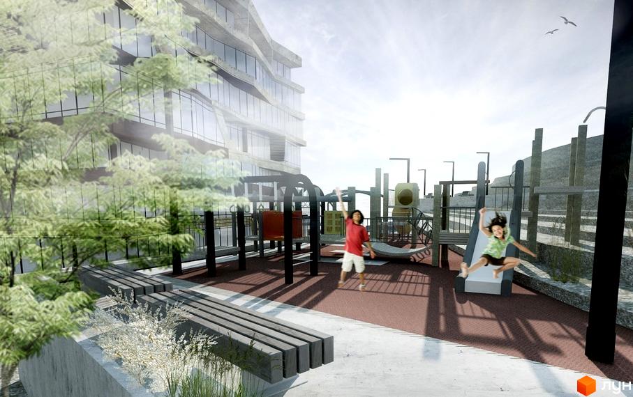 Житловий комплекс Costa Fontana з дитячим майданчиком та зонами відпочинку. Сучасна архітектура та зелені насадження.