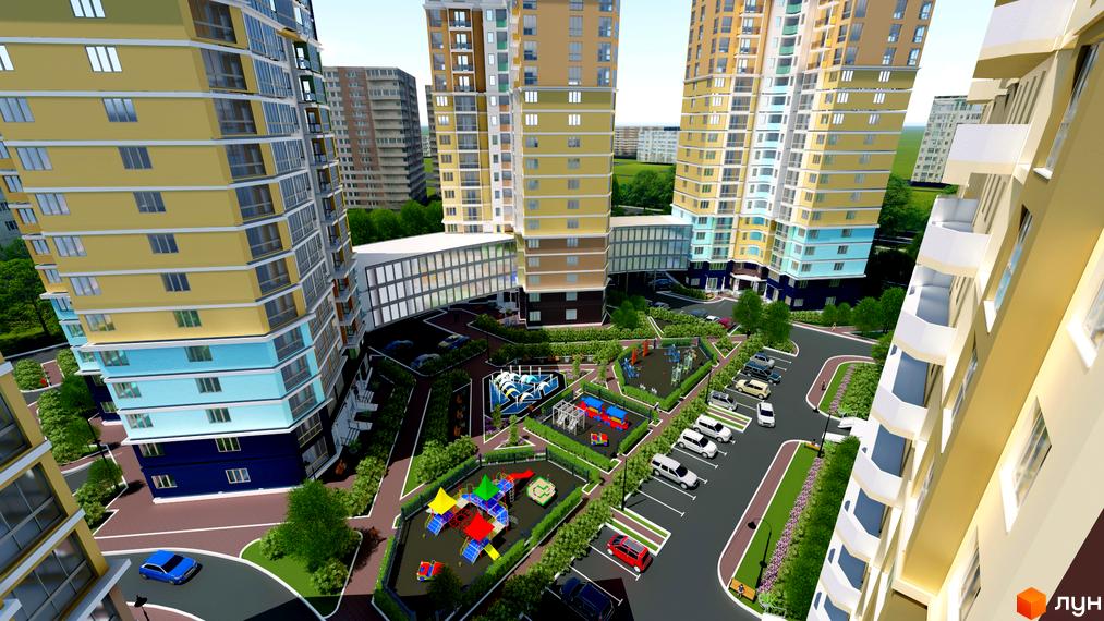 Житловий комплекс Діамант: високі жовто-блакитні будівлі з балконами та дитячими майданчиками. Сучасний житловий комплекс з парковкою та зеленими зонами.