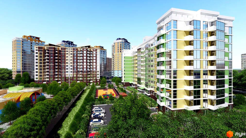 Житловий комплекс Діамант: багатоповерхові будинки з яскравими фасадами та великою кількістю вікон. Поруч дитячий майданчик, паркінг та зелені насадження.