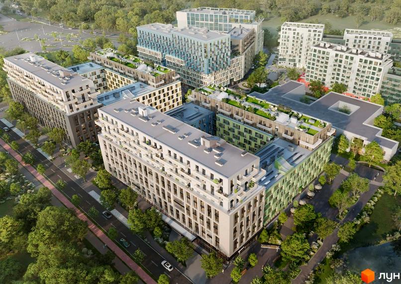 Житловий комплекс Resident State. Аерофотозйомка новобудови з фасадами різних кольорів та зеленими терасами, прибудинкова територія з деревами та доріжками.