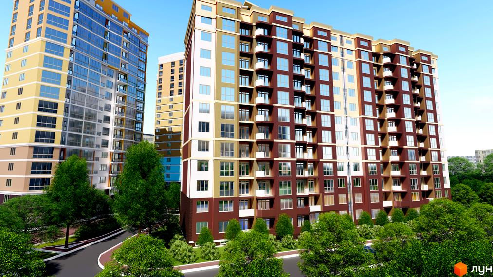 Житловий комплекс Діамант - сучасна новобудова з різнокольоровими фасадами та великою кількістю вікон. Навколо комплексу зелені дерева та доглянута територія.