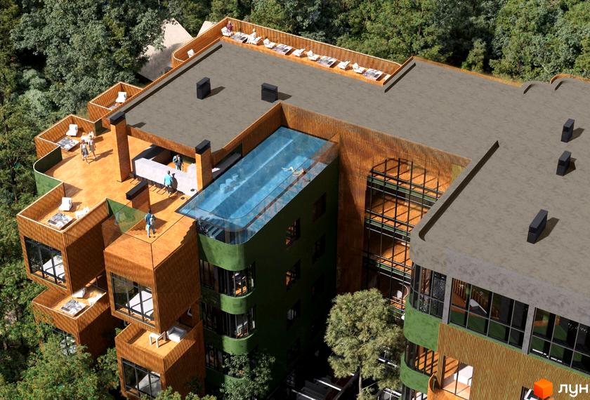 Oselia apartments: багатоповерхова будівля з дерев'яним оздобленням, зеленими фасадами, прозорим басейном та терасами на даху серед дерев.
