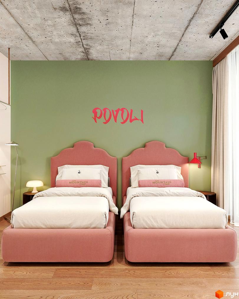 POVOLI Hotel: затишна спальня з двома рожевими ліжками та зеленими стінами. Дизайн інтер'єру для новобудови.