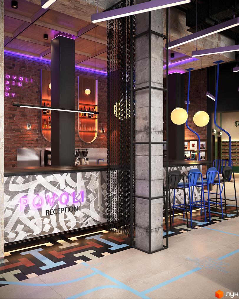POVOLI Hotel reception area with neon sign and brick walls. Modern interior design with concrete columns and chain decorations.