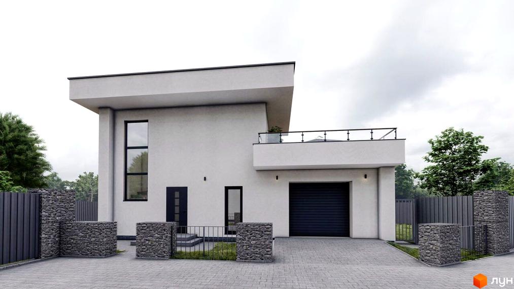 Сучасний двоповерховий будинок з гаражем та балконом, огороджений парканом з каменю та металу, розташований на вулиці Щаслива, 5.