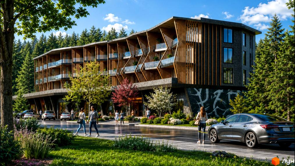 POVOLI Hotel - новобудова з дерев'яними елементами та скляними балконами, оточена лісом. Перед комплексом дорога з автомобілями та пішохідною зоною.